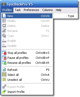 New Profile menu item