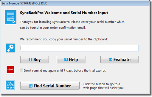 The SyncBackPro serial number window