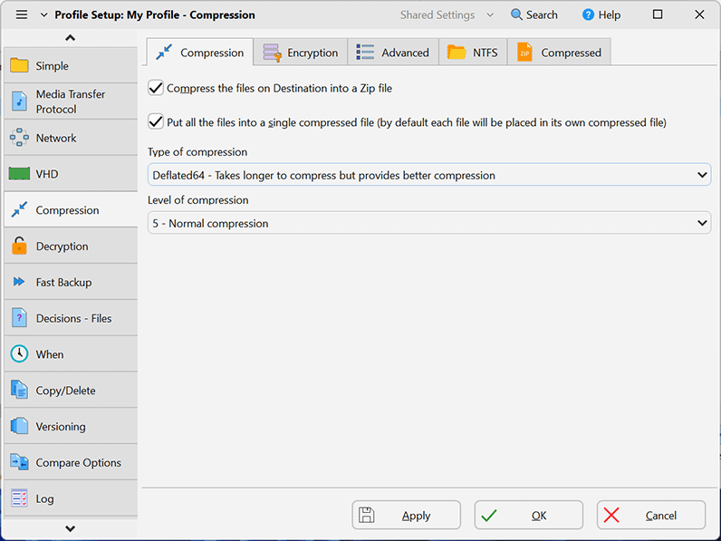 Easily backup/sync files to another drive, FTP, ZIP, network, or removable media