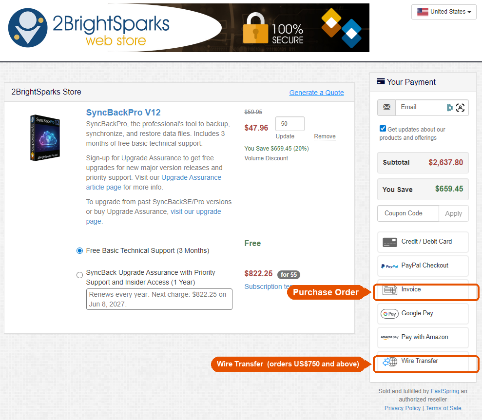 2BrightSparks web store checkout payment panel, with the Invoice (Purchase Order) option and the Wire Transfer option highlighted. Wire Transfer is available for orders of US$750 and above.