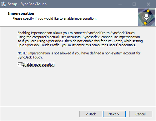 SyncBack Touch imperstonation installation