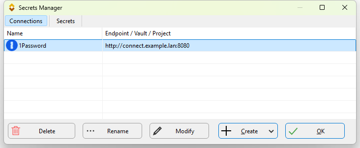 The Connections page of the SyncBackPro Secrets Manager showing a 1Password connection