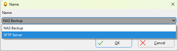 The Name dialog listing the logins in the 1Password vault, with SFTP Server highlighted
