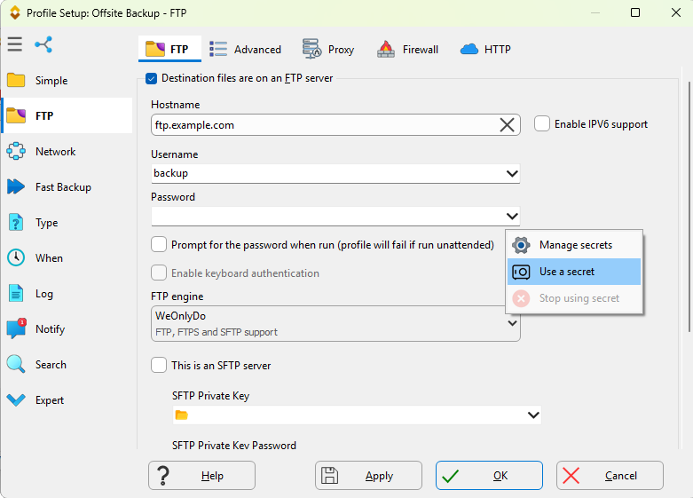 The drop-down menu beside the FTP password field in a SyncBackPro profile, showing Manage secrets, Use a secret and Stop using secret