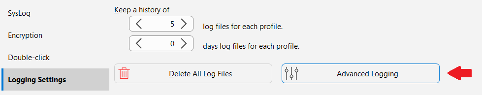 The Logging Settings page in SyncBackPro Global Settings, with an arrow pointing to the Advanced Logging button