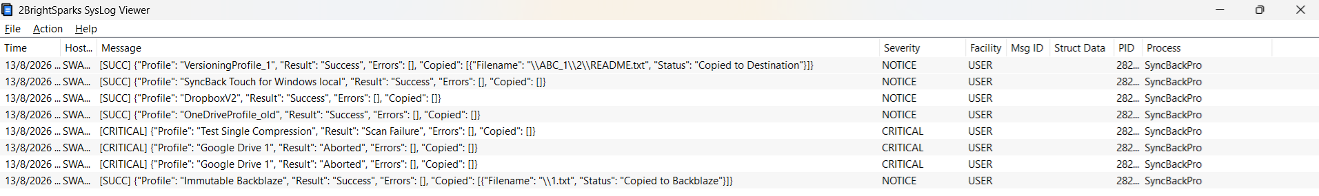 The 2BrightSparks SysLog Viewer showing JSON log messages received from SyncBackPro, including profile names, run results and details of copied files