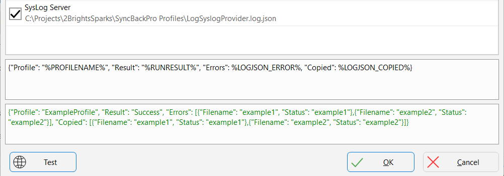 The Advanced Logging edit box containing the example variables, with example output shown below it and the Test, OK and Cancel buttons