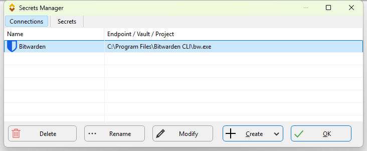 The Connections page of the SyncBackPro Secrets Manager showing a Bitwarden connection