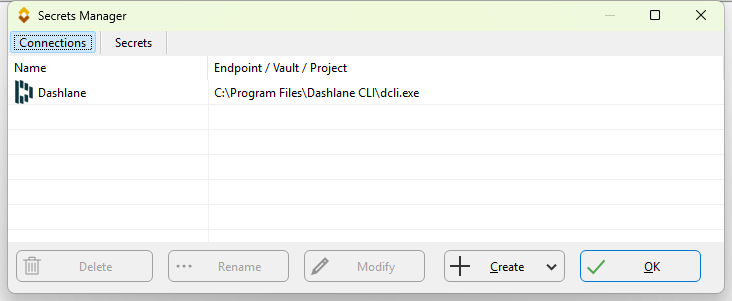 The Connections page of the SyncBackPro Secrets Manager showing a Dashlane connection