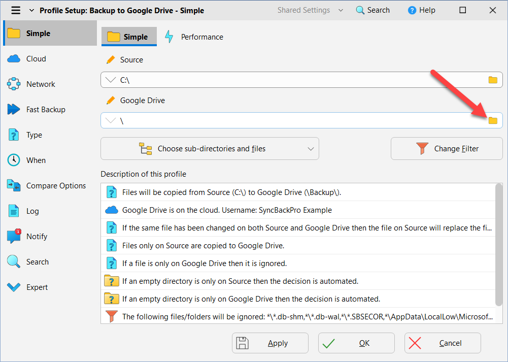 Change the backup path on Google Drive