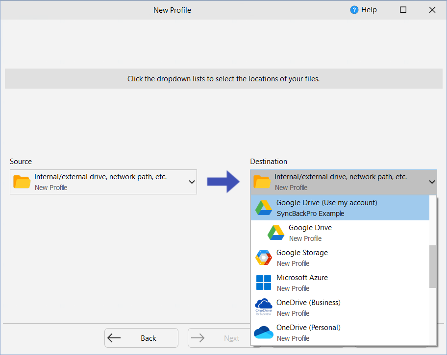 Select Google Drive as the destination in the New Profile window