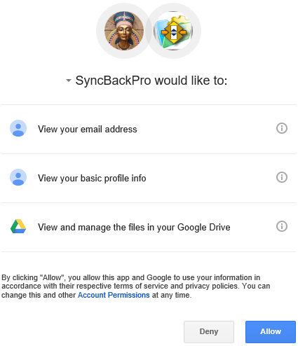 Click Allow to give SyncBackPro access to Google Drive