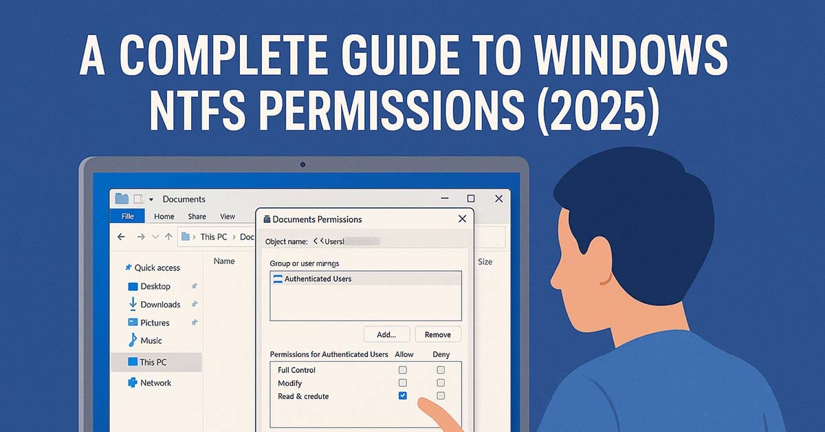 Illustration of a user changing Windows NTFS permissions.