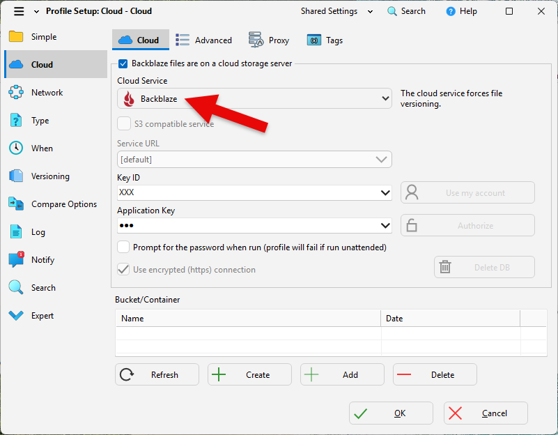 Backblaze B2 settings in SyncBackPro