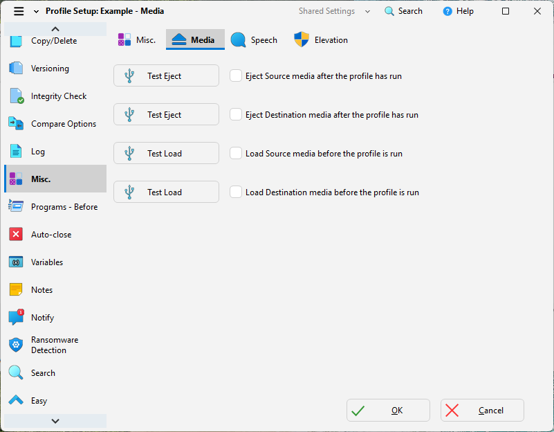 SyncBackPro media eject settings