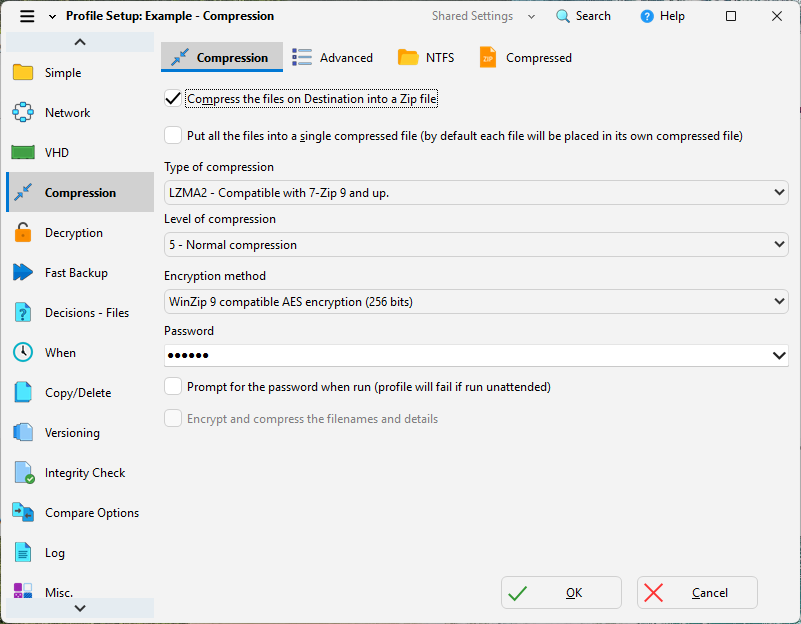 SyncBackPro file encryption settings