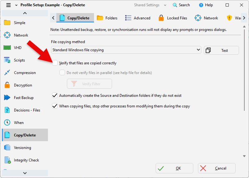 SyncBackPro file integrity settings