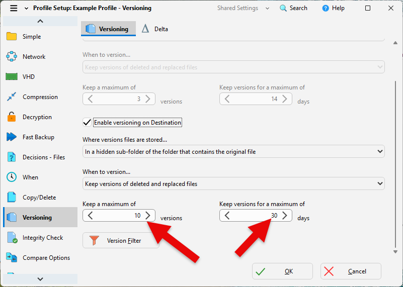Versioning settings in SyncBackPro