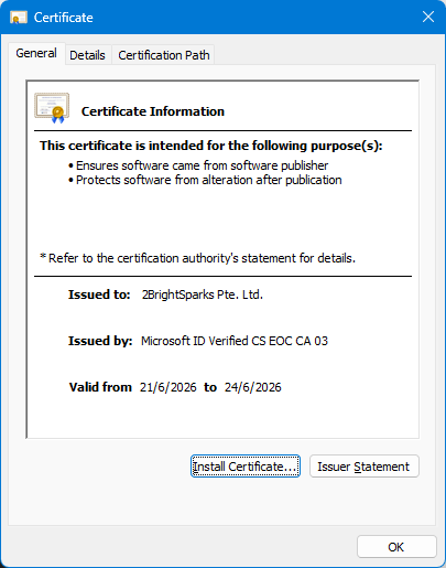 Certificate information showing the certificate was issued to 2BrightSparks Pte. Ltd.