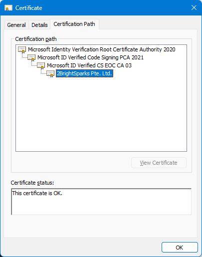 The Certification Path showing the chain from 2BrightSparks Pte. Ltd. up to the Microsoft Identity Verification Root Certificate Authority 2020, with status This certificate is OK