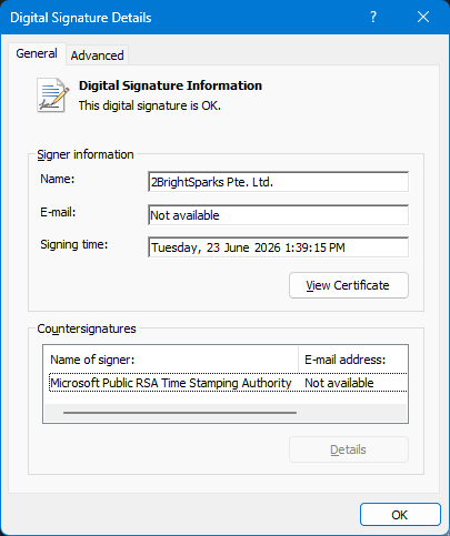 Digital Signature Details confirming the signature is OK and is countersigned by the Microsoft Public RSA Time Stamping Authority