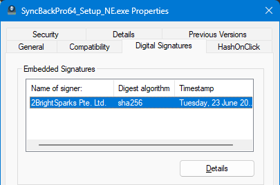 The Digital Signatures tab of the installer properties, showing 2BrightSparks Pte. Ltd. as the signer with a sha256 digest