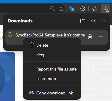 The Microsoft Edge Downloads panel showing the SyncBack installer flagged as not commonly downloaded, with a menu offering Keep and Report this file as safe