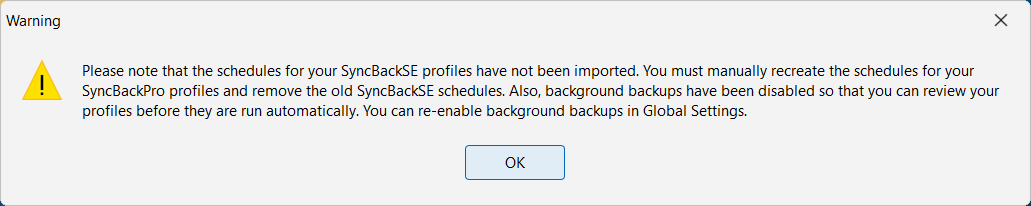 Warning dialog displayed when upgrading from SyncBackSE to SyncBackPro