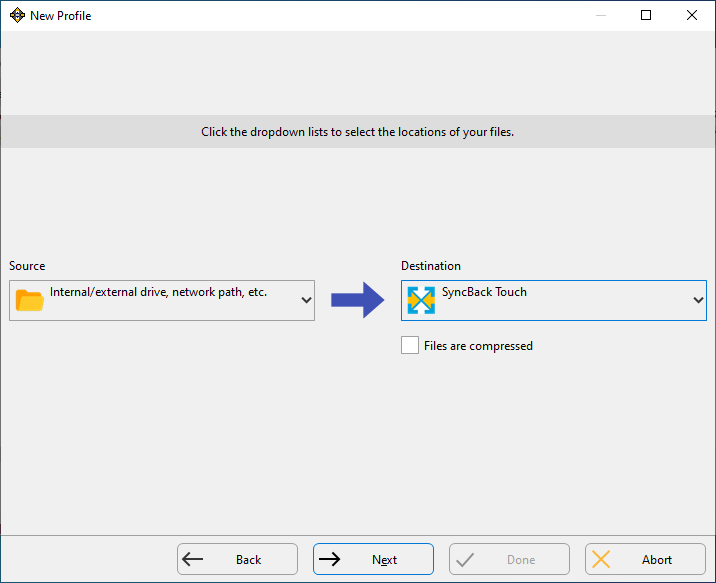 Selecting SyncBack Touch as the destination in the New Profile window